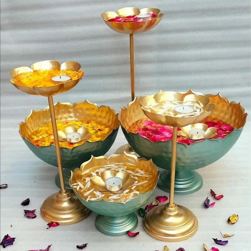 Gold And Green Brass Decorative Bowl Stand For Home Decor Pack Of Set Of 6 - Image 2